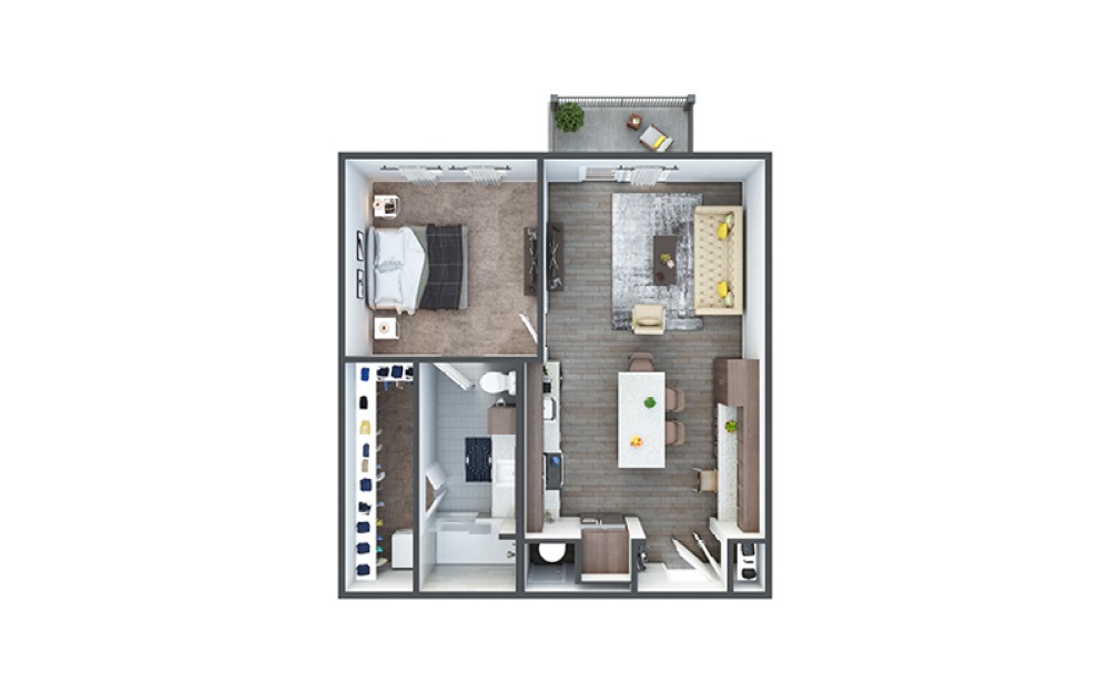 A2a - 1 bedroom floorplan layout with 1 bathroom and 739 square feet