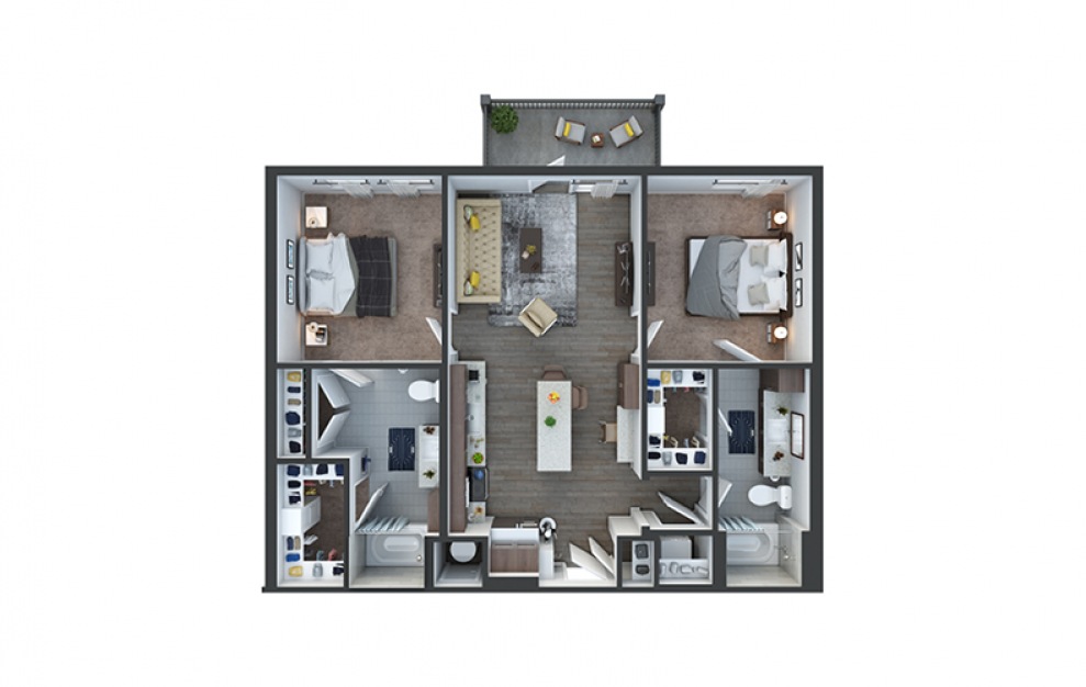 B1b - 2 bedroom floorplan layout with 2 baths and 1030 square feet.