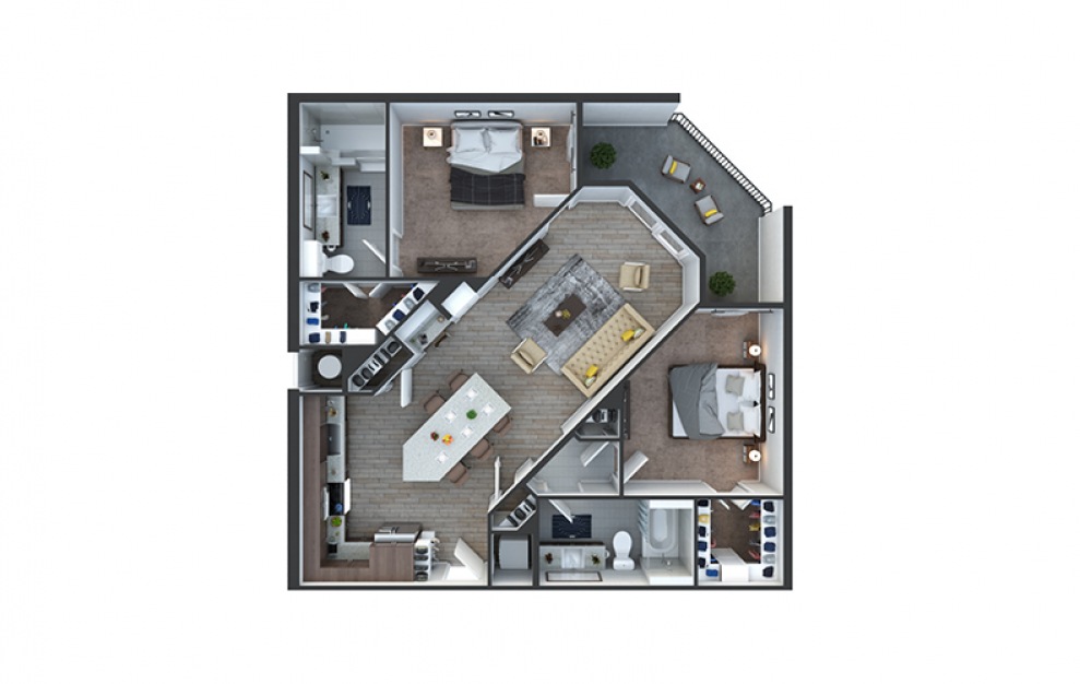 B2 - 2 bedroom floorplan layout with 2 baths and 1137 square feet.