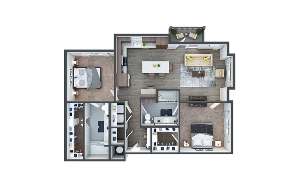 B3b - 2 bedroom floorplan layout with 2 bathrooms and 1215 square feet