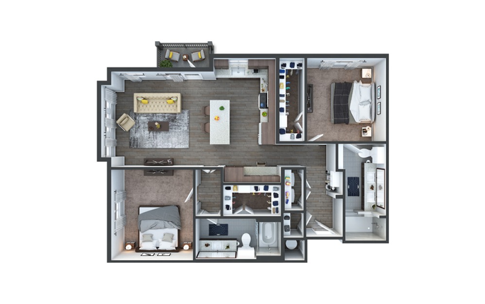 B4b - 2 bedroom floorplan layout with 2 bathrooms and 1253 square feet