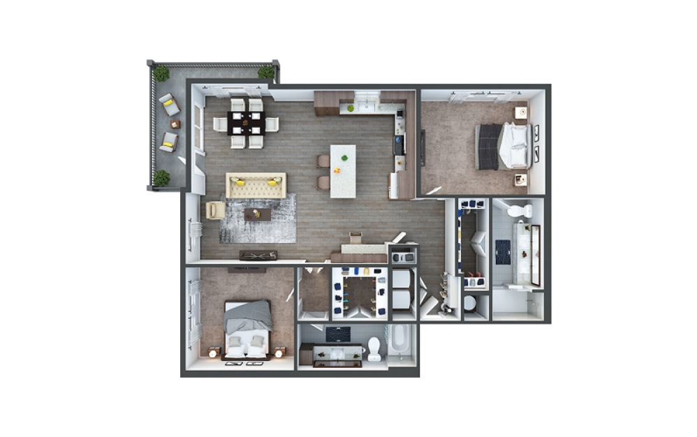 B5a - 2 bedroom floorplan layout with 2 bathrooms and 1371 square feet