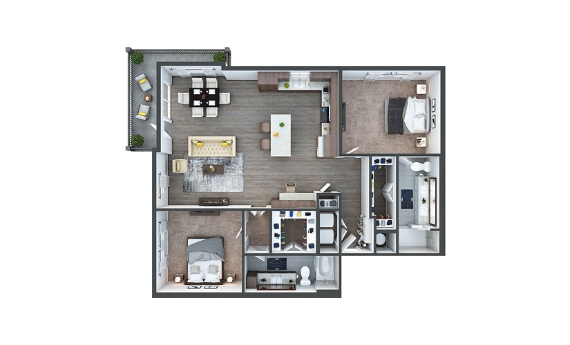 B5a - 2 bedroom floorplan layout with 2 bathrooms and 1371 square feet