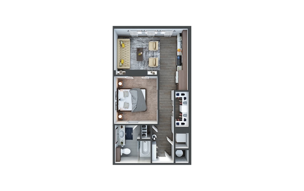 A1s - 1 bedroom floorplan layout with 1 bathroom and 576 square feet