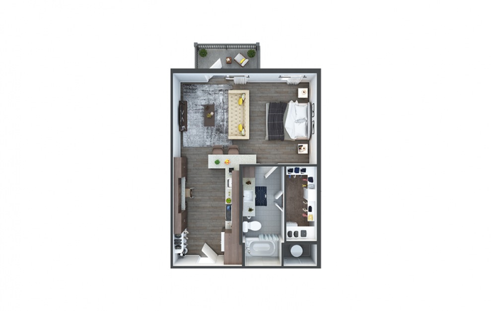 S3 - Studio floorplan layout with 1 bath and 588 square feet.
