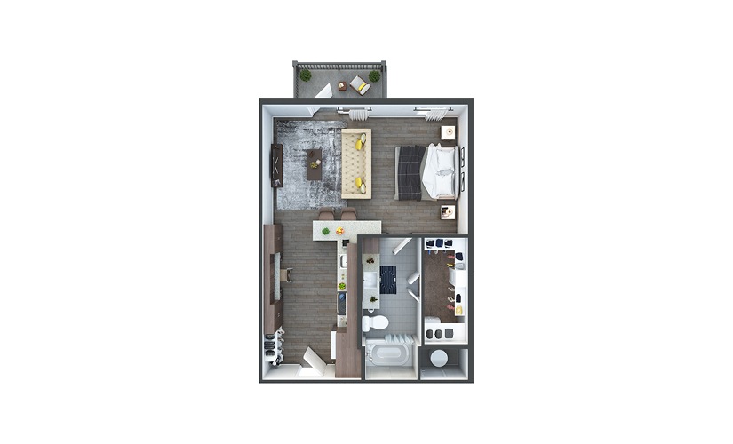 S3 - Studio floorplan layout with 1 bathroom and 588 square feet