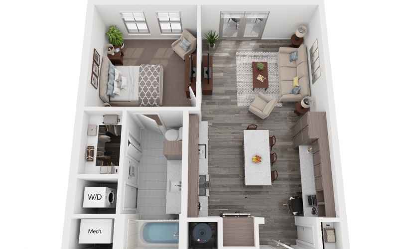 A2a - 1 bedroom floorplan layout with 1 bathroom and 739 square feet